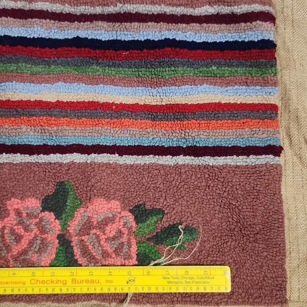 Colorful Striped and Floral Rug Antique Handmade Hooked Rug/pillow